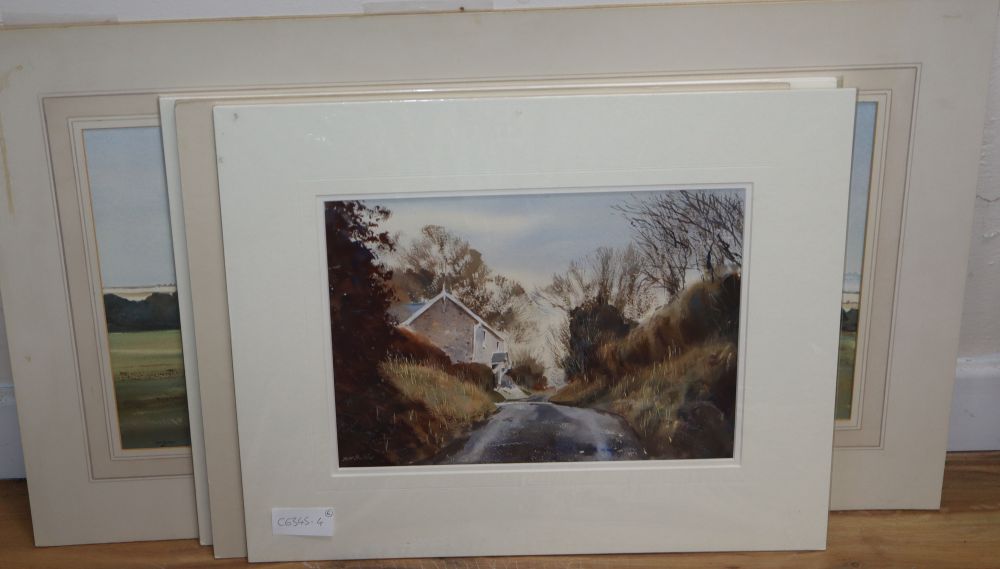 R. H. Bolton, watercolour, Napton, Warwickshire, signed, 28 x 61cm, and four other watercolours, all unframed